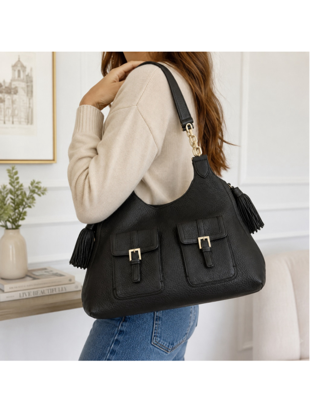 Brooks Brothers Genuine Leather Black Hobo Shoulder Bag Tassel Purse